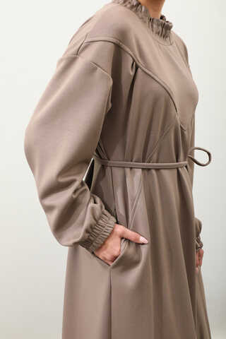 Lastik Büzgü Detaylı Elbise Toprak - 9