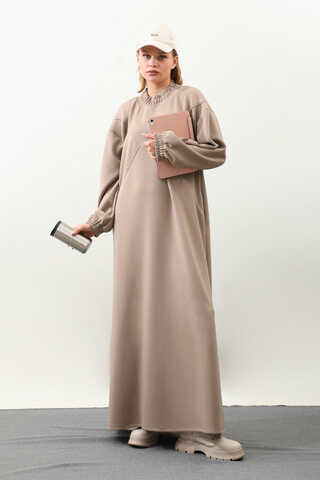 Lastik Büzgü Detaylı Elbise Vizon - 1