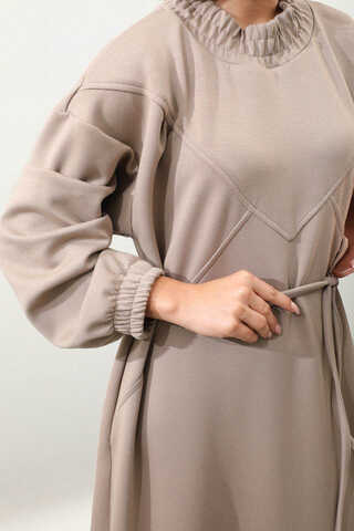 Lastik Büzgü Detaylı Elbise Vizon - 7