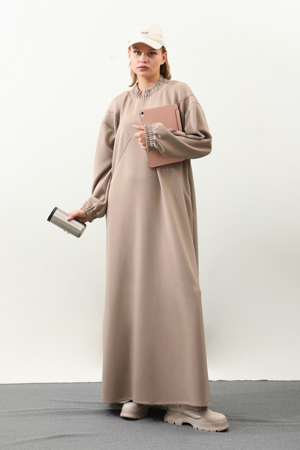 Lastik Büzgü Detaylı Elbise Vizon - 1