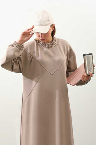 Lastik Büzgü Detaylı Elbise Vizon - 2