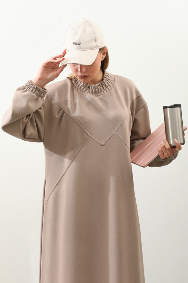 Lastik Büzgü Detaylı Elbise Vizon - 2