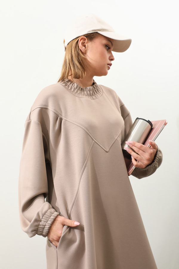 Lastik Büzgü Detaylı Elbise Vizon - 3