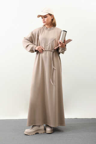 Lastik Büzgü Detaylı Elbise Vizon - 4