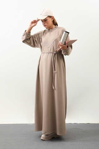 Lastik Büzgü Detaylı Elbise Vizon - 5