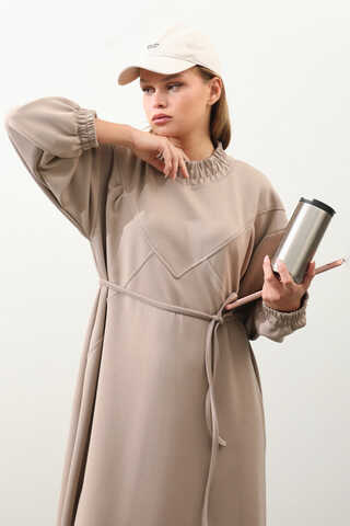 Lastik Büzgü Detaylı Elbise Vizon - 6