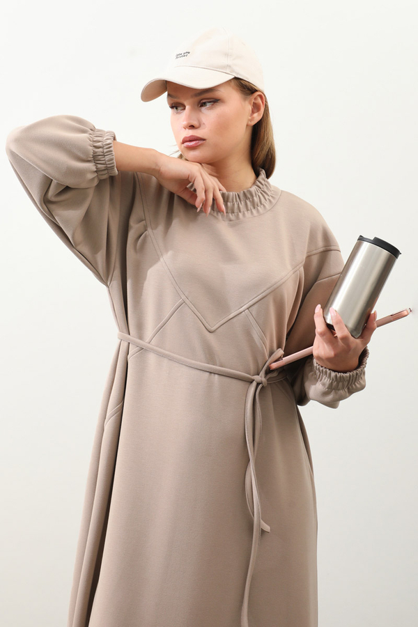 Lastik Büzgü Detaylı Elbise Vizon - 6