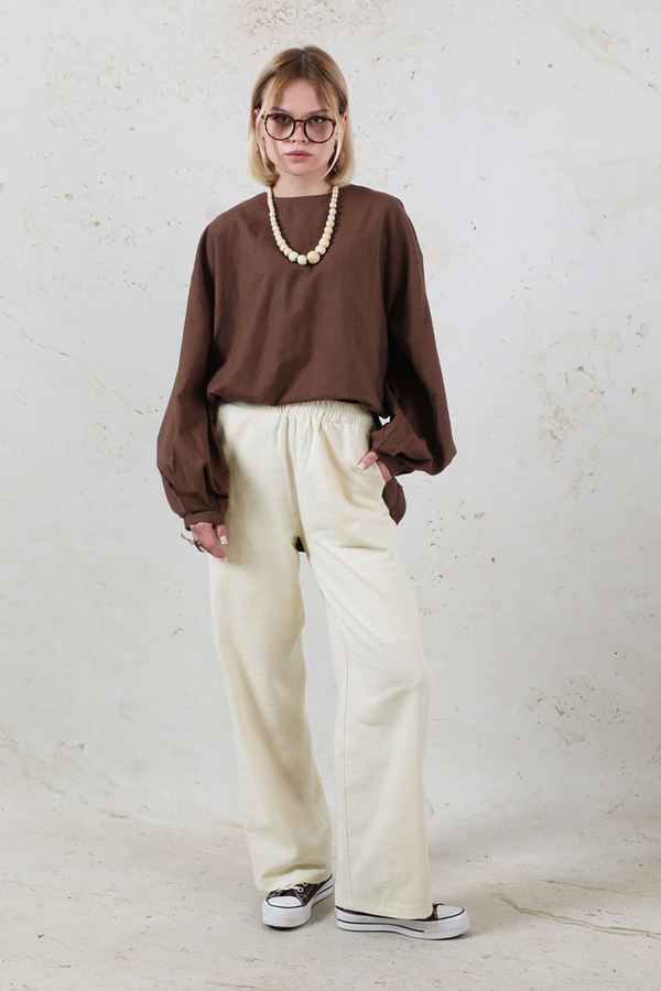 Lastikli Keten Pantolon Taş - 2