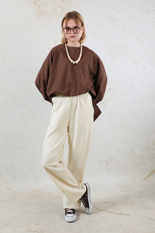 Lastikli Keten Pantolon Taş - 5