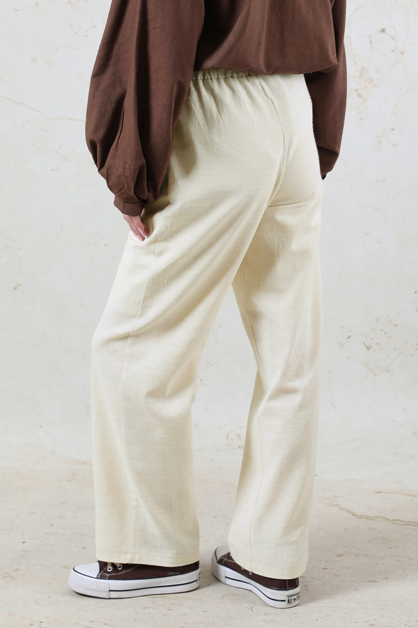 Lastikli Keten Pantolon Taş - 8