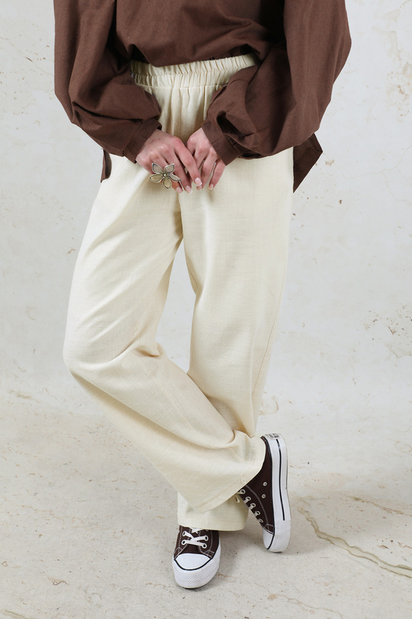 Lastikli Keten Pantolon Taş - 6