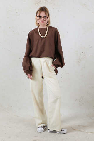 Lastikli Keten Pantolon Taş - 2