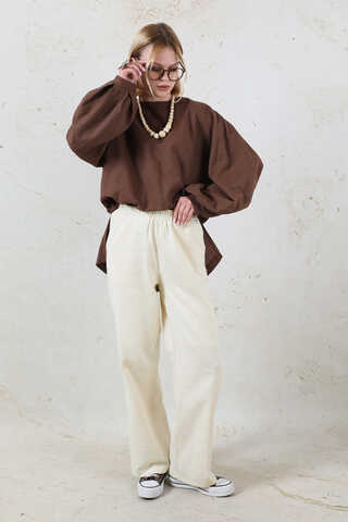 Lastikli Keten Pantolon Taş - 3