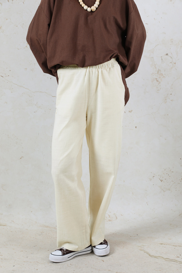 Lastikli Keten Pantolon Taş - 1