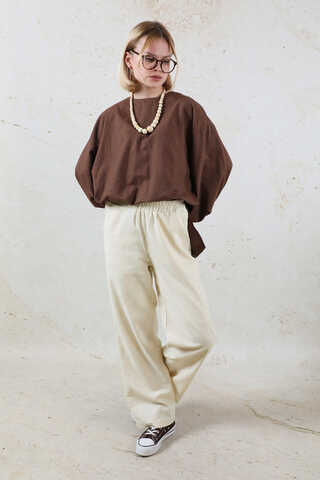 Lastikli Keten Pantolon Taş - 4