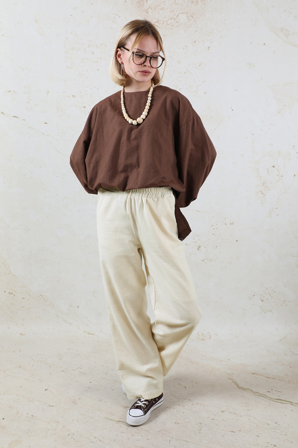 Lastikli Keten Pantolon Taş - 4