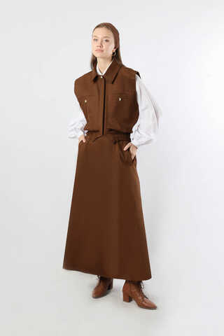 Lastikli Yelek Etek Takım Kahve - 1