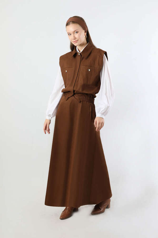Lastikli Yelek Etek Takım Kahve - 5