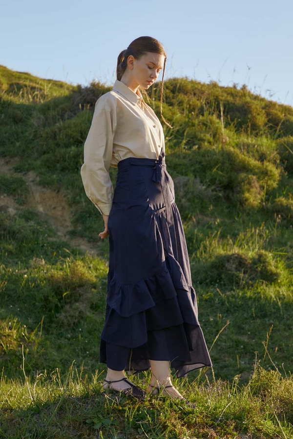 Layered Gathered Skirt Navy Blue - 3