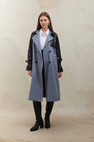 Leather Detailed Trench Coat Blue - 1