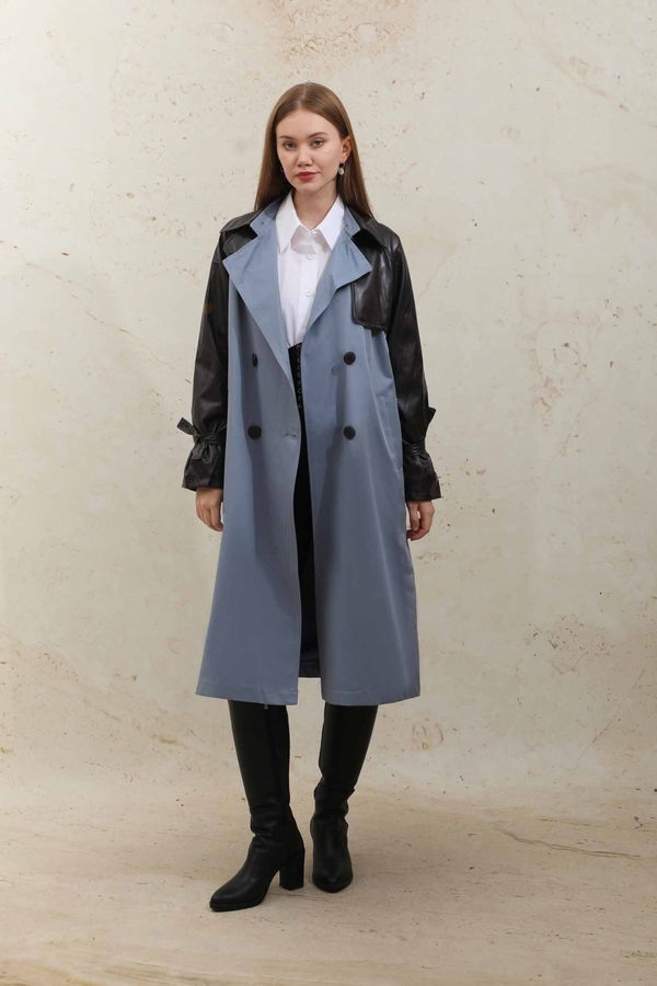 Leather Detailed Trench Coat Blue 