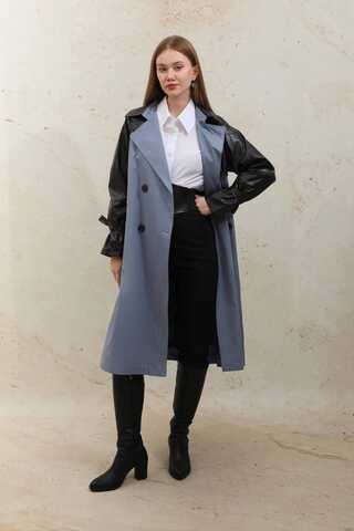 Leather Detailed Trench Coat Blue - 2