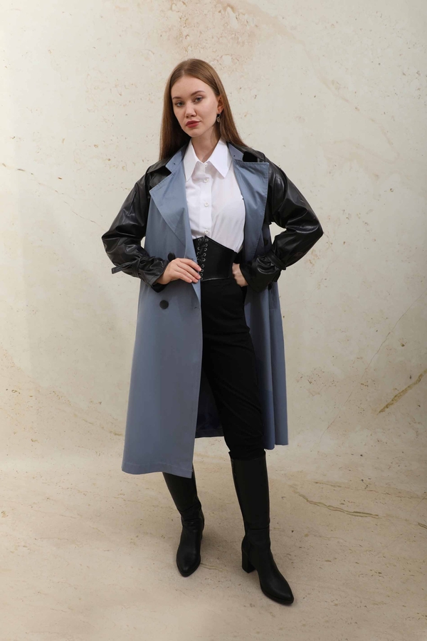 Leather Detailed Trench Coat Blue - 3