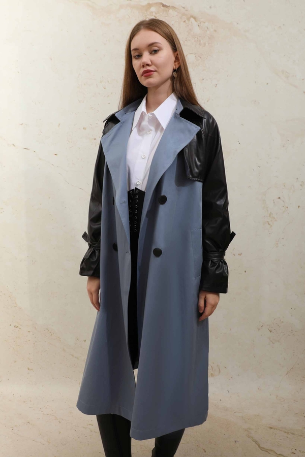 Leather Detailed Trench Coat Blue - 4