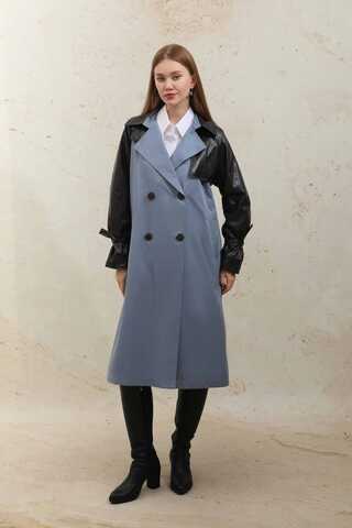 Leather Detailed Trench Coat Blue - 5