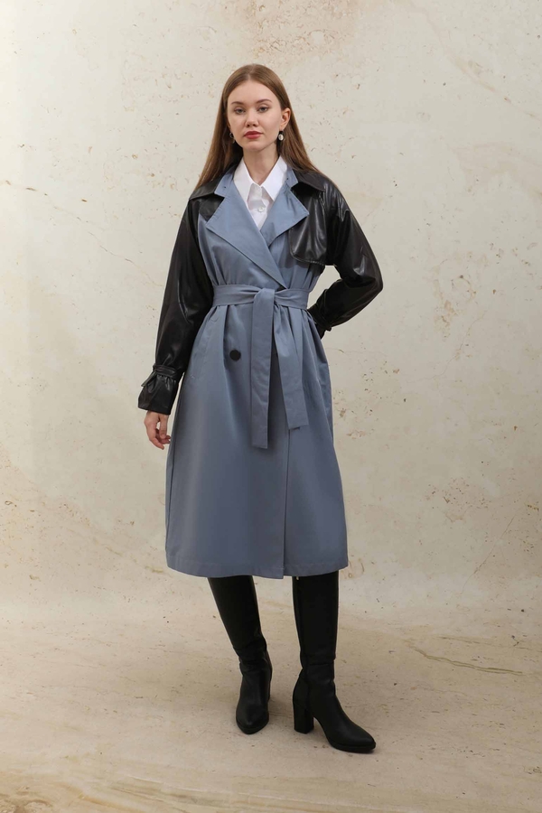 Leather Detailed Trench Coat Blue - 6