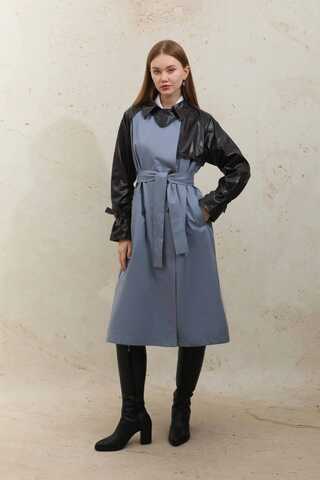 Leather Detailed Trench Coat Blue - 7