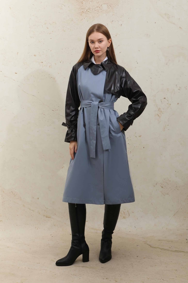 Leather Detailed Trench Coat Blue - 7