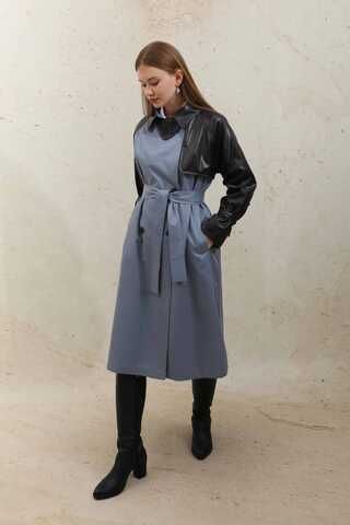 Leather Detailed Trench Coat Blue - 9