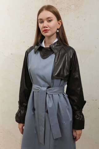 Leather Detailed Trench Coat Blue - 12