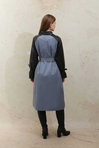 Leather Detailed Trench Coat Blue - 13