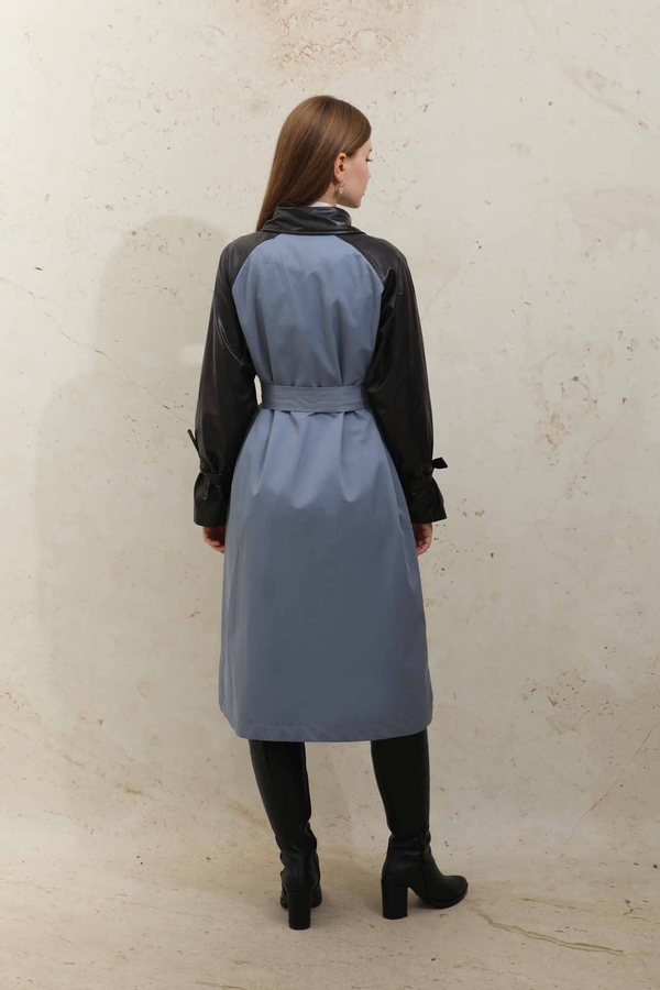 Leather Detailed Trench Coat Blue - 13