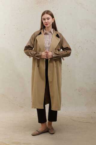 Leather Detailed Trench Coat Camel - 1