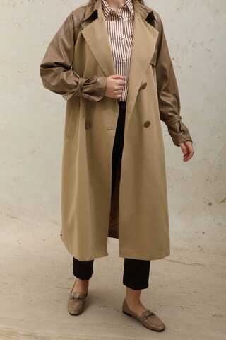 Leather Detailed Trench Coat Camel - 4