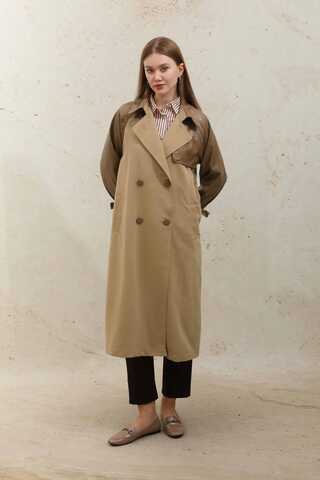 Leather Detailed Trench Coat Camel - 5