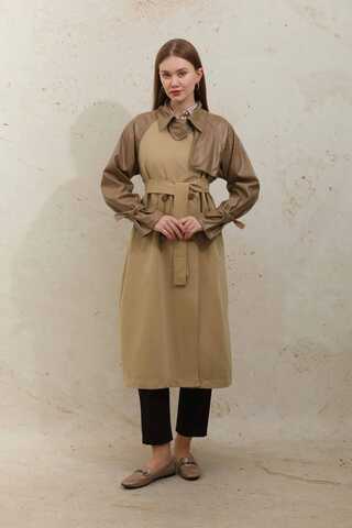 Leather Detailed Trench Coat Camel - 6