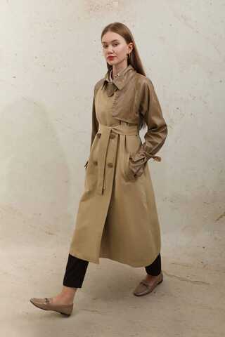Leather Detailed Trench Coat Camel - 7