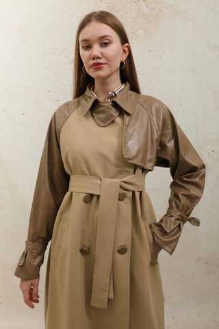 Leather Detailed Trench Coat Camel - 9