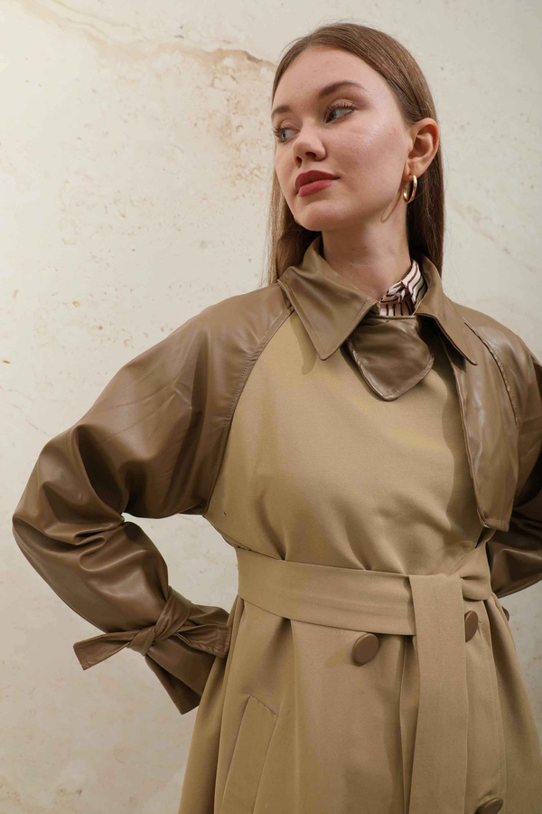 Leather Detailed Trench Coat Camel - 10