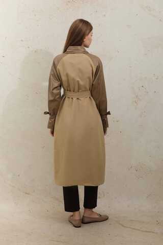 Leather Detailed Trench Coat Camel - 11