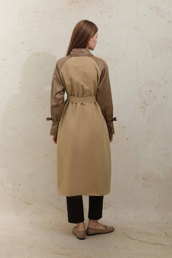 Leather Detailed Trench Coat Camel - 11