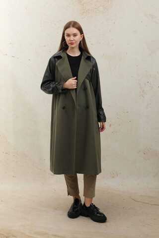 Leather Detailed Trench Coat Khaki - 1