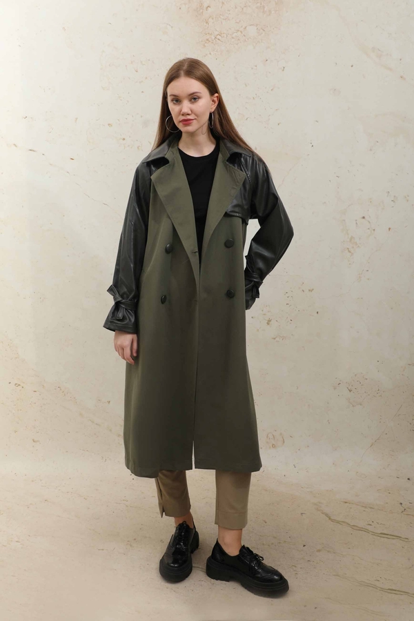 Leather Detailed Trench Coat Khaki - 2