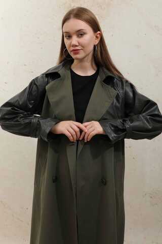 Leather Detailed Trench Coat Khaki - 3