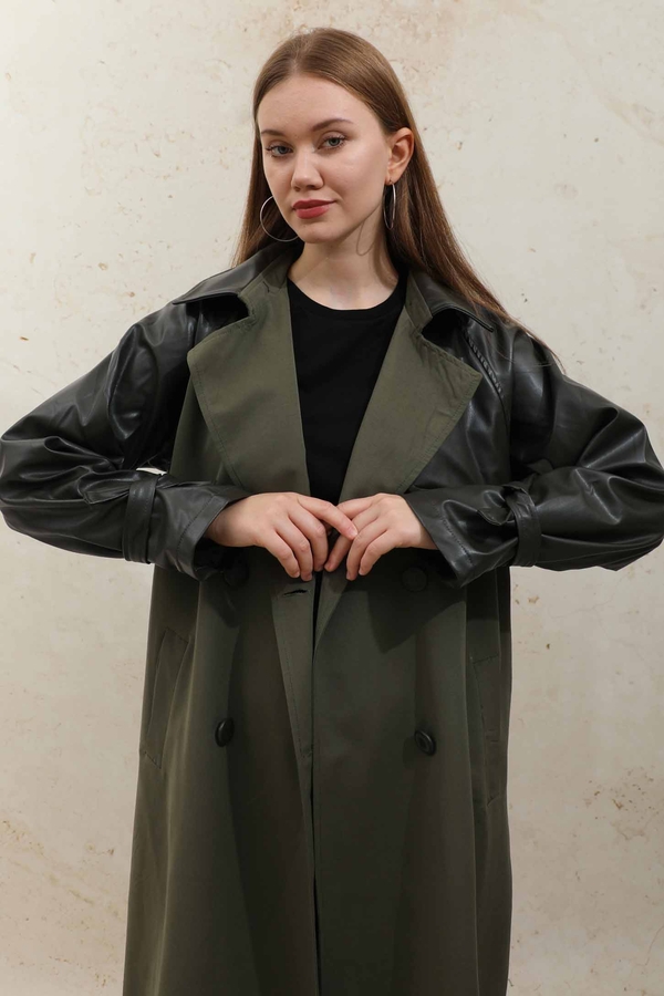 Leather Detailed Trench Coat Khaki - 3