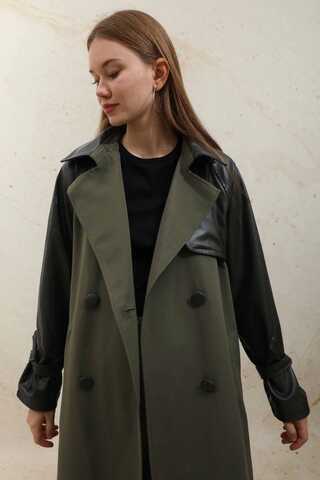 Leather Detailed Trench Coat Khaki - 4